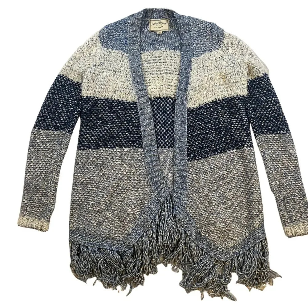 Lucky Brand Blue & Cream Open Front Fringe Cardigan Sweater